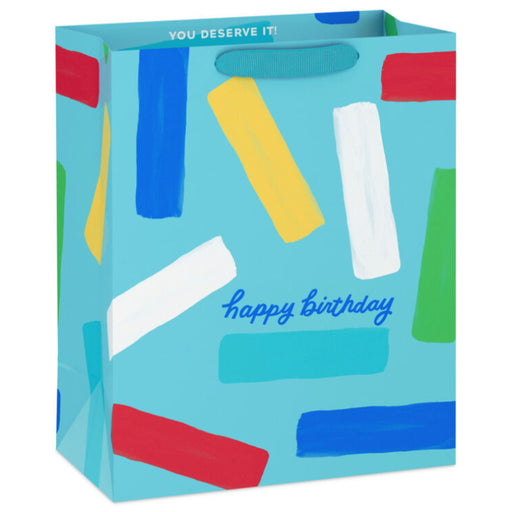 Happy Birthday and Confetti Stripes on Blue Large Gift Bag