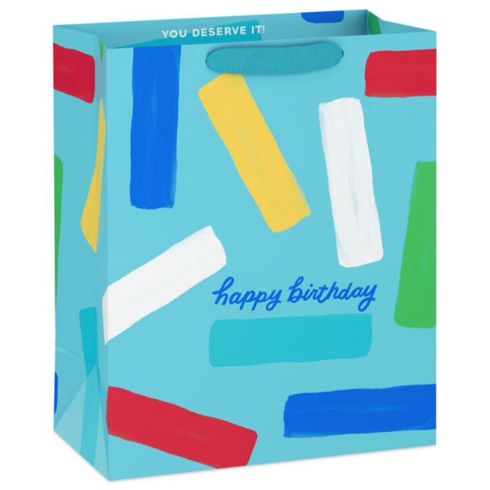 Happy Birthday and Confetti Stripes on Blue Large Gift Bag