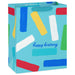 Happy Birthday and Confetti Stripes on Blue Large Gift Bag