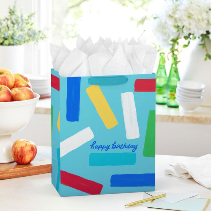Happy Birthday and Confetti Stripes on Blue Large Gift Bag