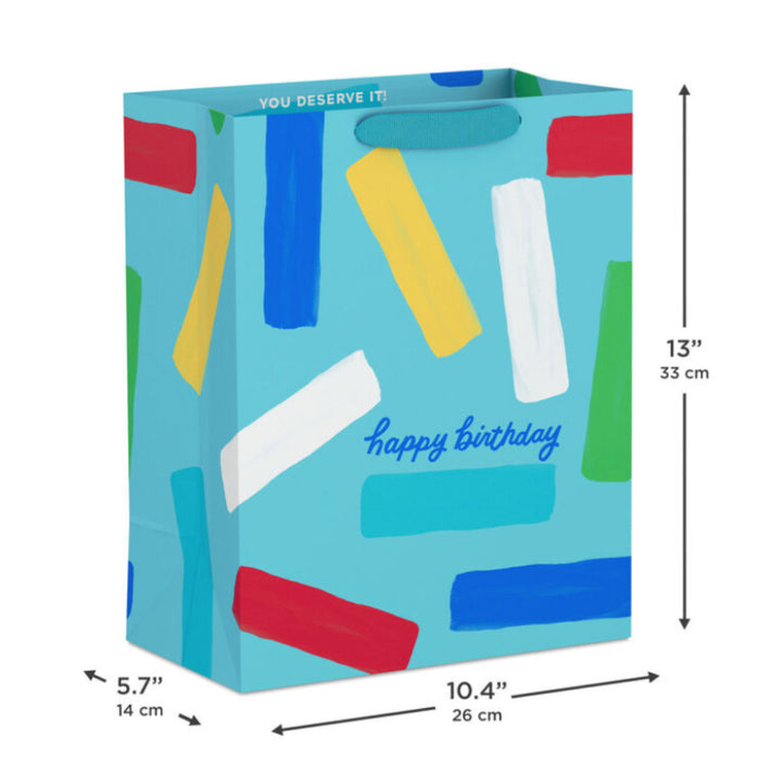 Happy Birthday and Confetti Stripes on Blue Large Gift Bag
