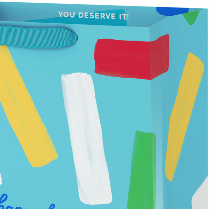 Happy Birthday and Confetti Stripes on Blue Large Gift Bag