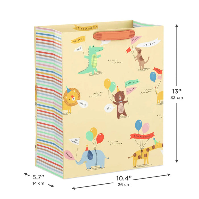 Large yellow animal‑party gift bag, 10.4" × 13" × 5.7"