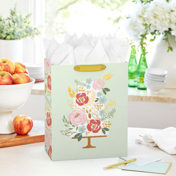 Hallmark : 13" Tiered Floral Cake on Light Green Large Gift Bag
