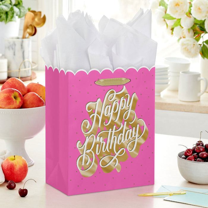 Hallmark : 13" Happy Birthday Script on Pink Large Gift Bag