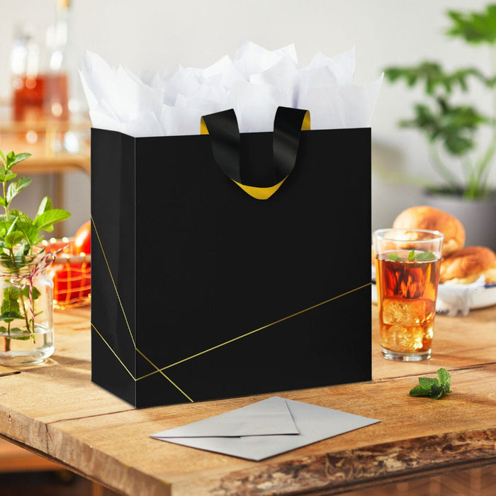 Hallmark : 10.4" Gold Lines on Black Large Square Gift Bag