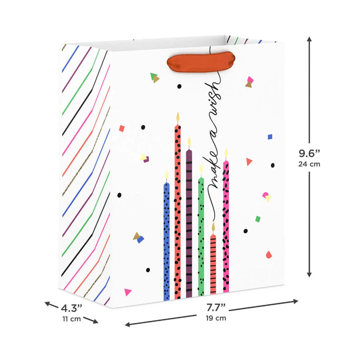 Medium candle‑design birthday gift bag, 7.7" × 9.6" × 4.3"