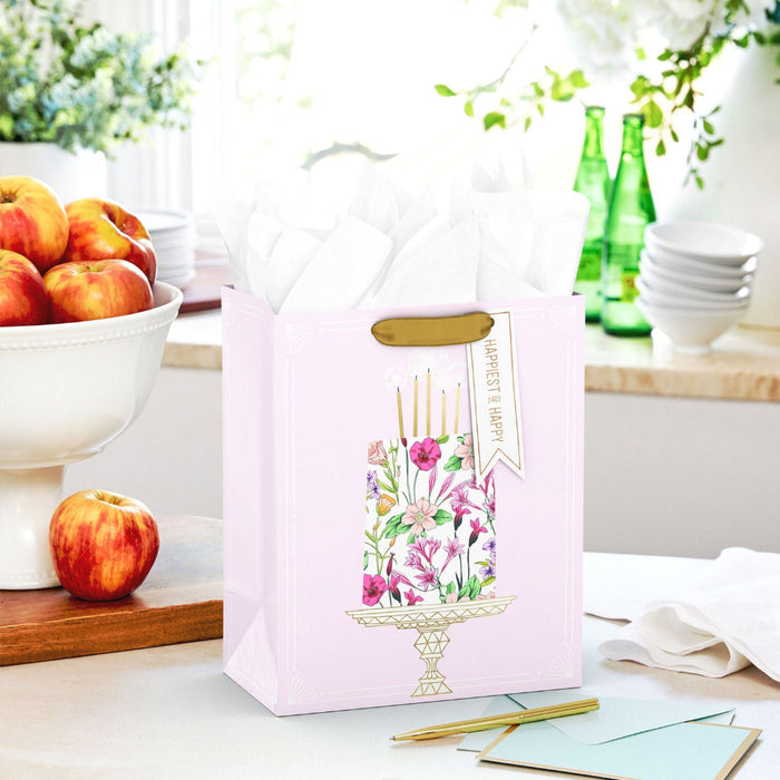 Hallmark : 9.6" Floral Birthday Cake on Pink Medium Gift Bag