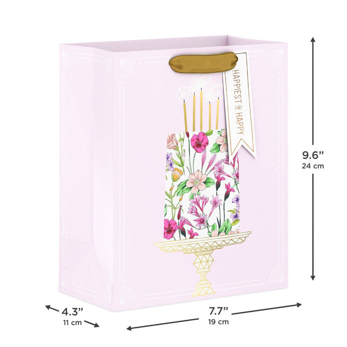 Hallmark : 9.6" Floral Birthday Cake on Pink Medium Gift Bag