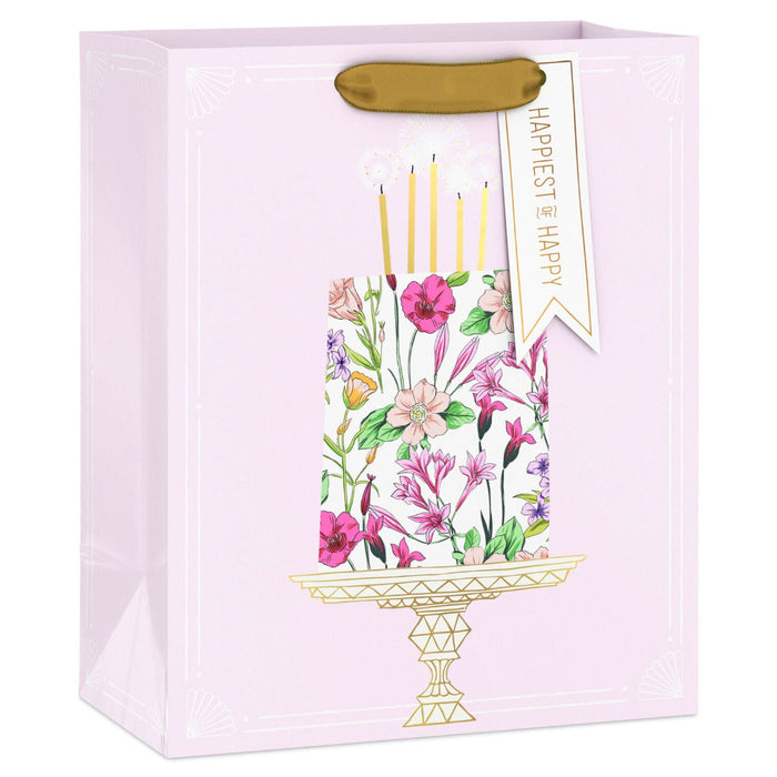 Hallmark : 9.6" Floral Birthday Cake on Pink Medium Gift Bag