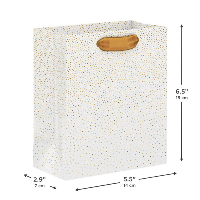 Small cream and gold dotted gift bag, 5.5" × 6.5" × 2.9"