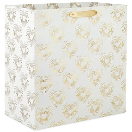 15-inch extra-deep white gift bag with gold heart pattern for elegant gift presentation