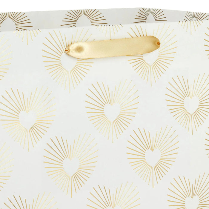 15-inch extra-deep white gift bag with gold heart pattern for elegant gift presentation
