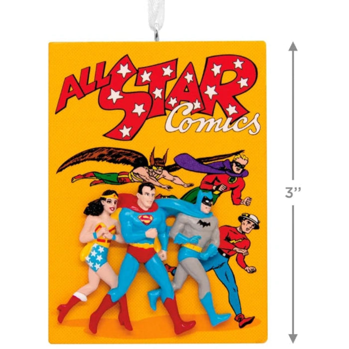 Hallmark DC Justice League comic book ornament featuring a classic comic cover design with iconic superheroes, collectible Christmas tree decoration for DC Comics fans.