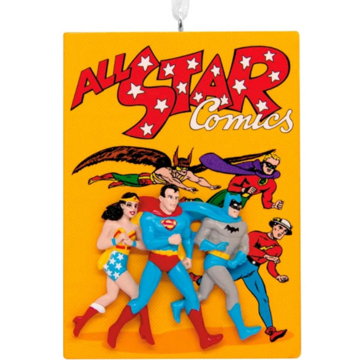  Hallmark DC Justice League comic book ornament featuring a classic comic cover design with iconic superheroes, collectible Christmas tree decoration for DC Comics fans.