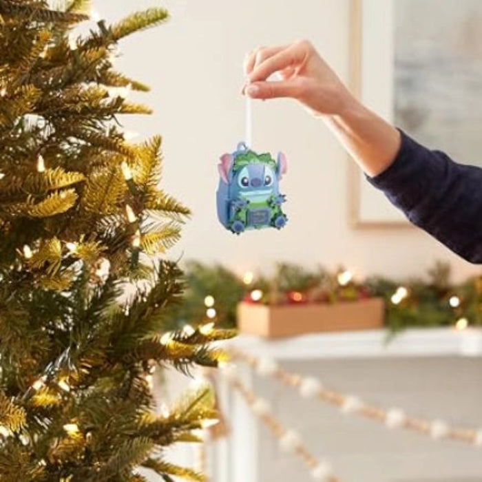 Hallmark Loungefly Disney Stitch Backpack ornament featuring a miniature backpack design with Stitch from Disney's Lilo &amp; Stitch for Christmas tree decorating and Disney collections.