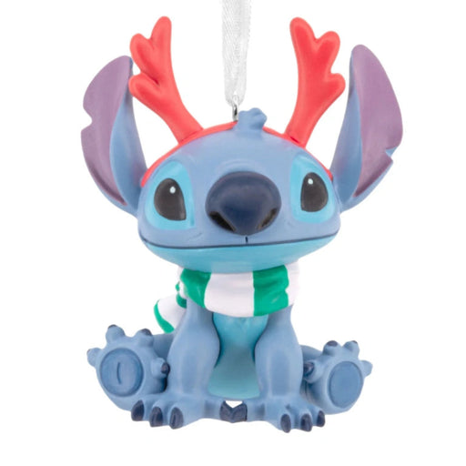 Hallmark Disney Stitch ornament featuring Stitch wearing red antlers in a festive holiday design, collectible Christmas tree decoration for Disney and Lilo &amp; Stitch fans.