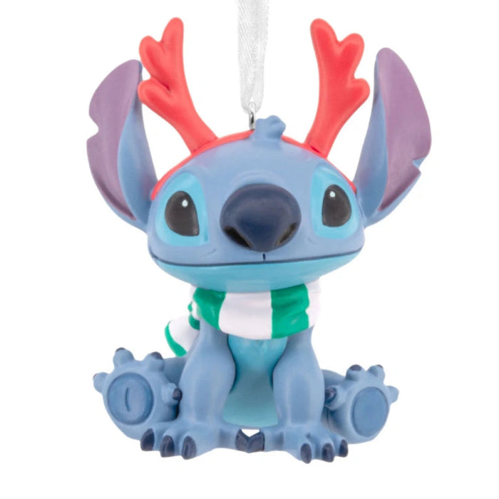 Hallmark Disney Stitch ornament featuring Stitch wearing red antlers in a festive holiday design, collectible Christmas tree decoration for Disney and Lilo &amp; Stitch fans.