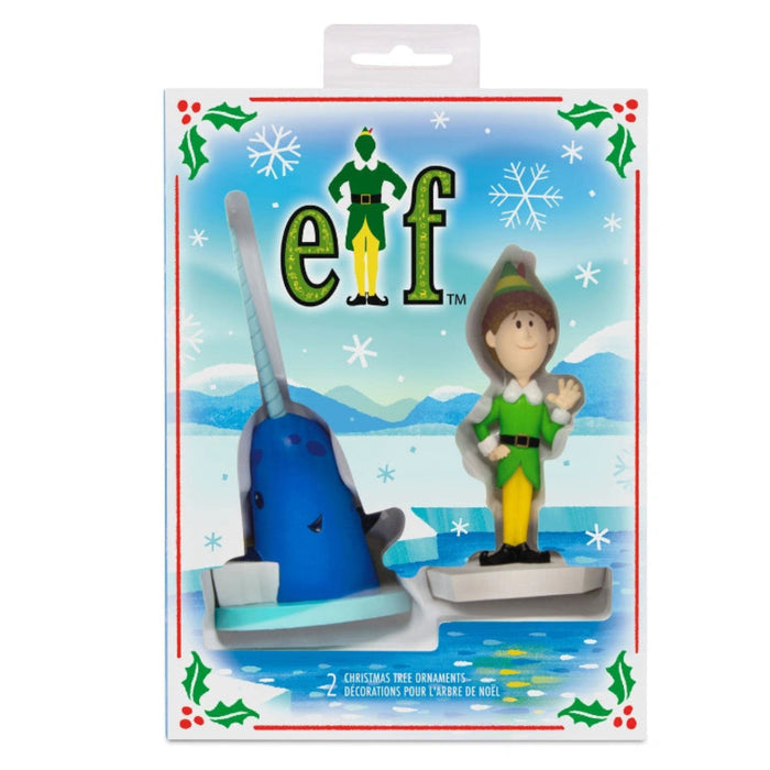 Hallmark Elf Buddy the Elf™ and Narwhal resin Christmas ornaments set featuring the beloved characters from the classic holiday movie Elf.