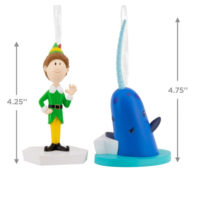 Hallmark Elf Buddy the Elf™ and Narwhal resin Christmas ornaments set featuring the beloved characters from the classic holiday movie Elf.