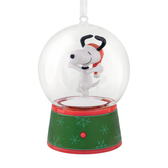 Hallmark Peanuts Snoopy musical snow globe Christmas ornament with swirling snow, festive holiday music, motion, and hanger attachment.