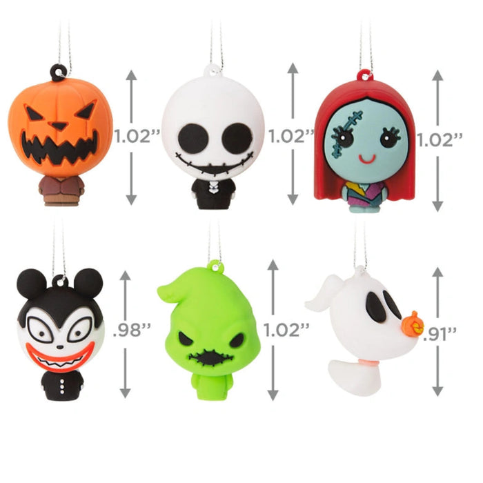 Hallmark Mini Disney Tim Burton’s The Nightmare Before Christmas Shatterproof Ornaments Set of 6 featuring collectible character designs from Halloween Town for holiday tree decorations.