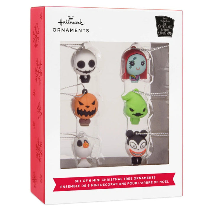 Hallmark Mini Disney Tim Burton’s The Nightmare Before Christmas Shatterproof Ornaments Set of 6 featuring collectible character designs from Halloween Town for holiday tree decorations.