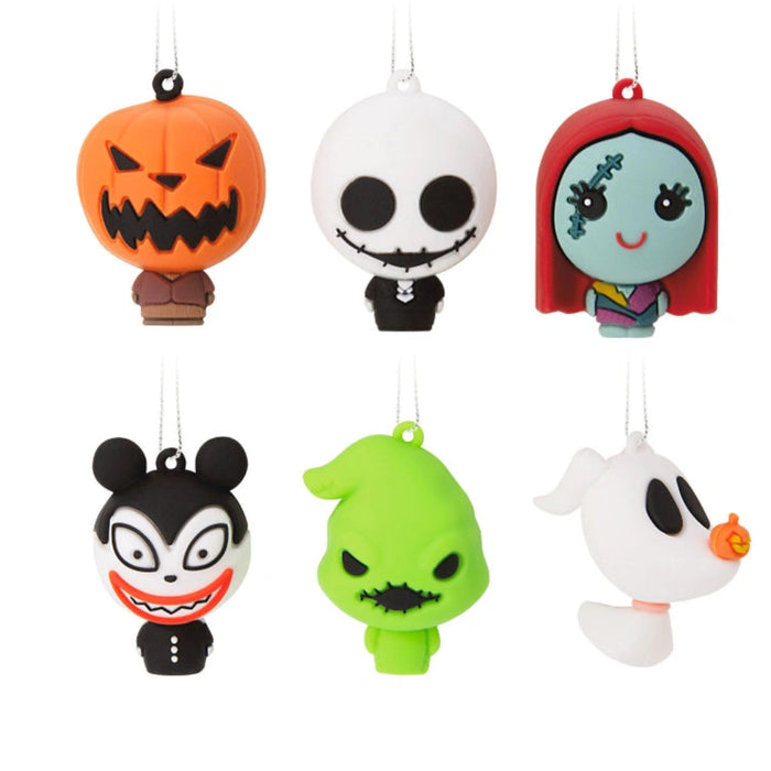 Hallmark Mini Disney Tim Burton’s The Nightmare Before Christmas Shatterproof Ornaments Set of 6 featuring collectible character designs from Halloween Town for holiday tree decorations.