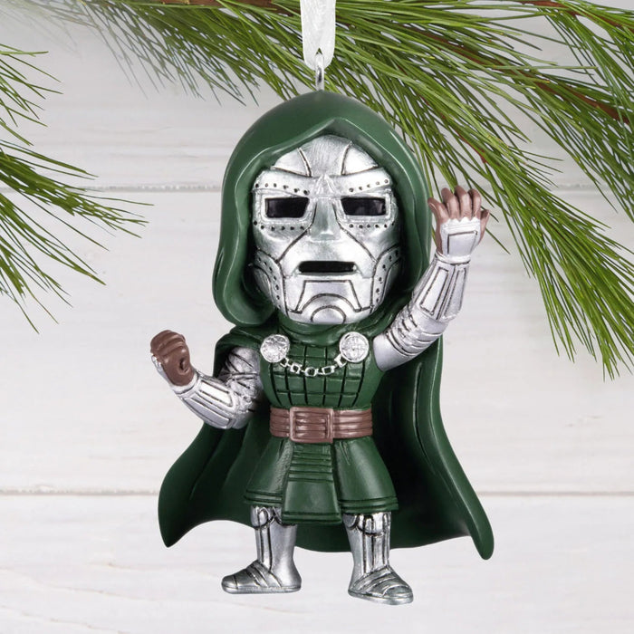 Hallmark Marvel Studios Avengers: Doomsday Doctor Doom resin Christmas ornament with hanger attachment, measuring 2.25 x 3.25 x 1 inches.