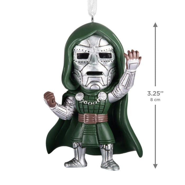 Hallmark Marvel Studios Avengers: Doomsday Doctor Doom resin Christmas ornament with hanger attachment, measuring 2.25 x 3.25 x 1 inches.
