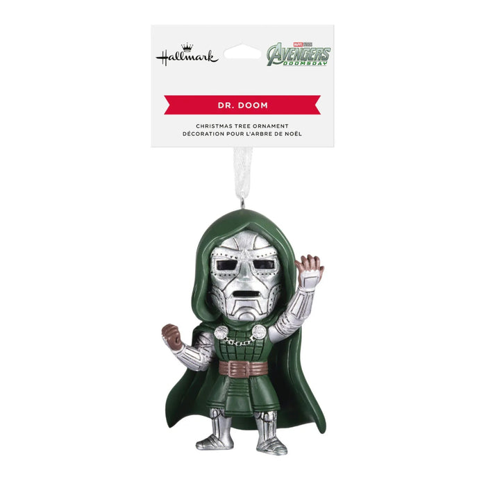 Hallmark Marvel Studios Avengers: Doomsday Doctor Doom resin Christmas ornament with hanger attachment, measuring 2.25 x 3.25 x 1 inches.