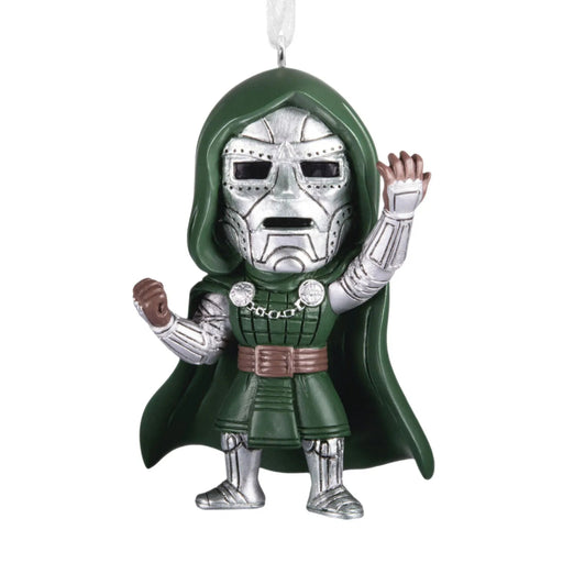 Hallmark Marvel Studios Avengers: Doomsday Doctor Doom resin Christmas ornament with hanger attachment, measuring 2.25 x 3.25 x 1 inches.