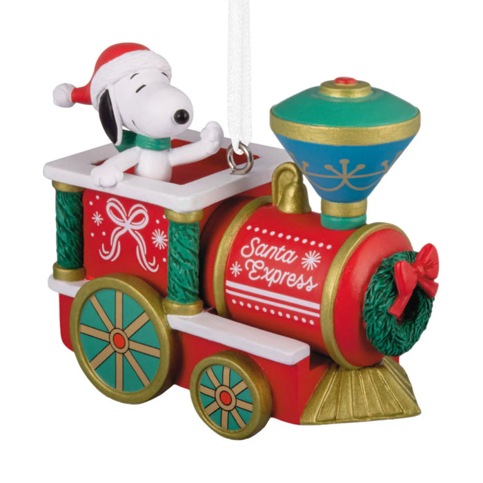 Peanuts Snoopy Santa Express Hallmark Christmas ornament featuring Snoopy dressed as Santa Claus riding a festive holiday train for Christmas tree decorating.