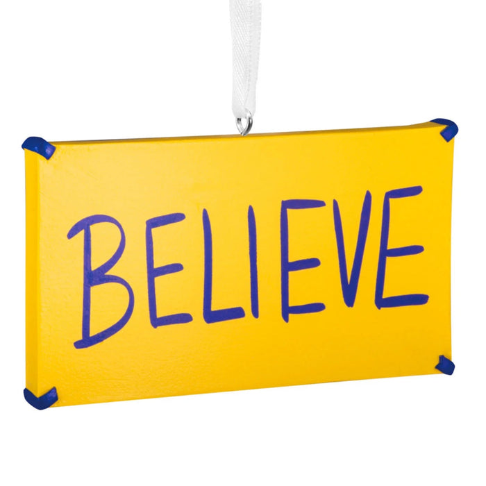 Hallmark Ted Lasso Believe Sign ornament featuring the iconic handmade "Believe" sign from the hit television series, collectible Christmas tree decoration for Ted Lasso fans.
