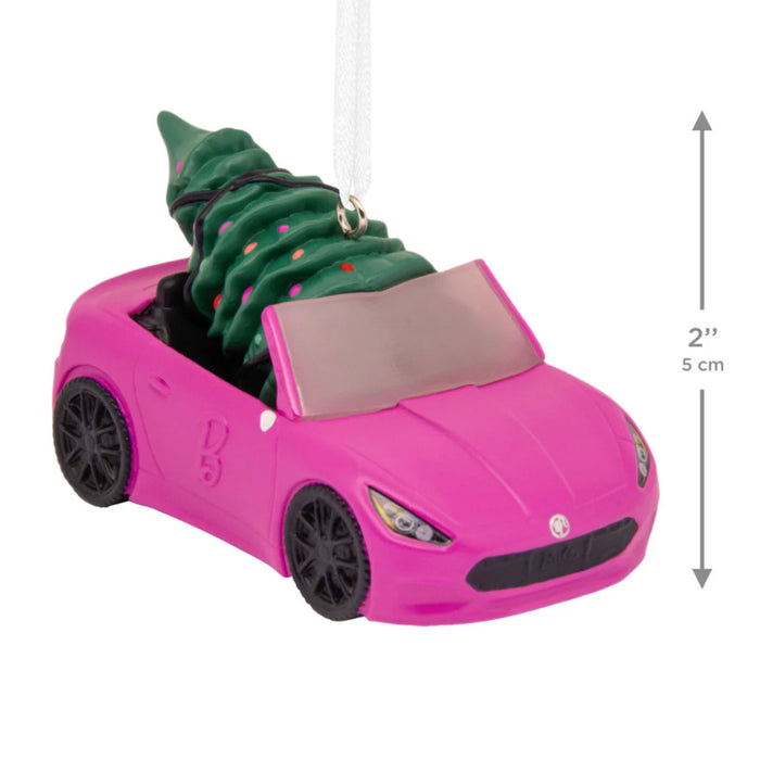 Barbie™ Car With Tree Hallmark Ornament featuring Barbie driving a pink convertible with a decorated Christmas tree.