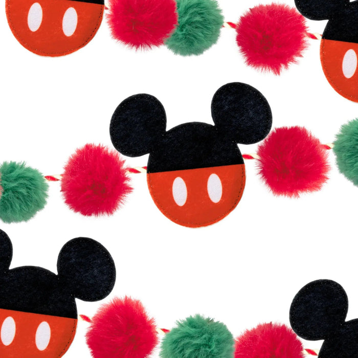 Hallmark Disney Mickey Mouse Ears 72-inch fabric Christmas garland with printed felt ears, red-and-white cording, and red and green pom-poms.