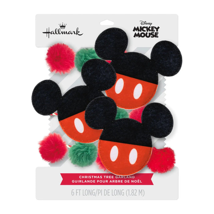Hallmark Disney Mickey Mouse Ears 72-inch fabric Christmas garland with printed felt ears, red-and-white cording, and red and green pom-poms.