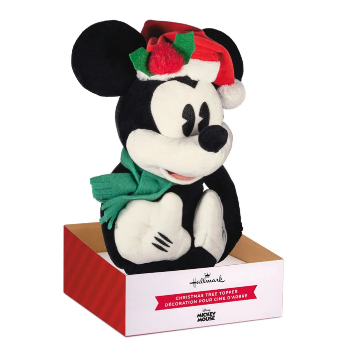 Hallmark Disney Mickey Mouse 15-inch plush Christmas tree topper wearing a red and white Santa hat and green scarf.