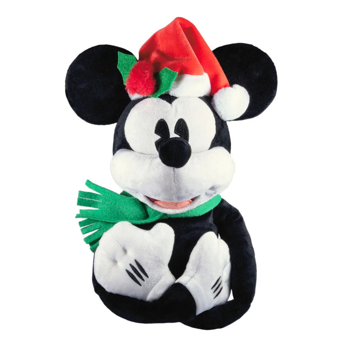 Hallmark Disney Mickey Mouse 15-inch plush Christmas tree topper wearing a red and white Santa hat and green scarf.
