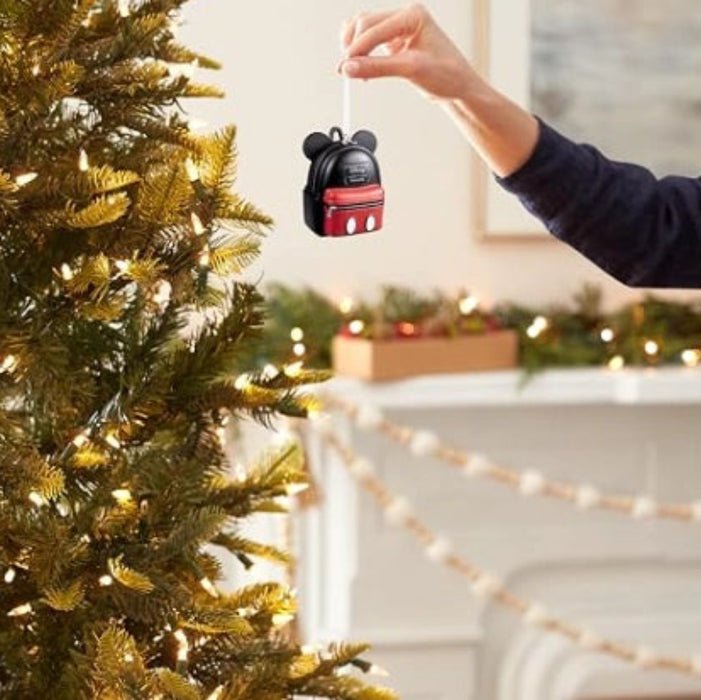 Hallmark Loungefly Disney Mickey Mouse Backpack ornament featuring a miniature backpack design with colorful Mickey Mouse artwork for Christmas tree decorating and Disney collections.