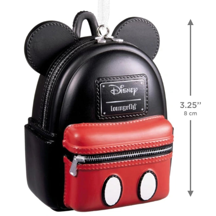 Hallmark Loungefly Disney Mickey Mouse Backpack ornament featuring a miniature backpack design with colorful Mickey Mouse artwork for Christmas tree decorating and Disney collections.