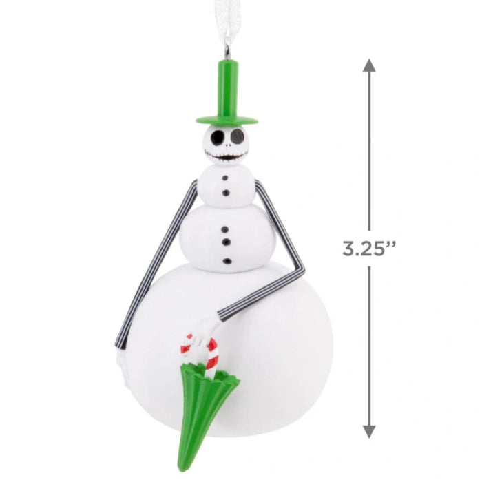 Hallmark Disney Tim Burton's The Nightmare Before Christmas Snowman Jack Skellington ornament featuring Jack dressed as a snowman, spooky festive collectible Christmas tree decoration.