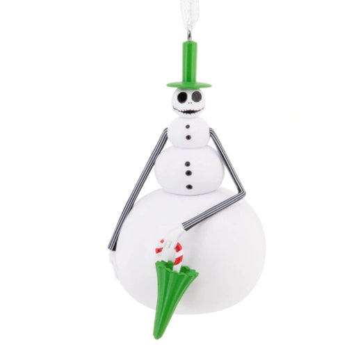 Hallmark Disney Tim Burton's The Nightmare Before Christmas Snowman Jack Skellington ornament featuring Jack dressed as a snowman, spooky festive collectible Christmas tree decoration.