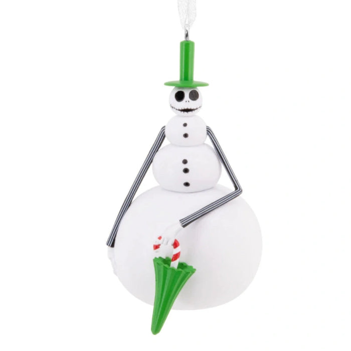 Hallmark Disney Tim Burton's The Nightmare Before Christmas Snowman Jack Skellington ornament featuring Jack dressed as a snowman, spooky festive collectible Christmas tree decoration.