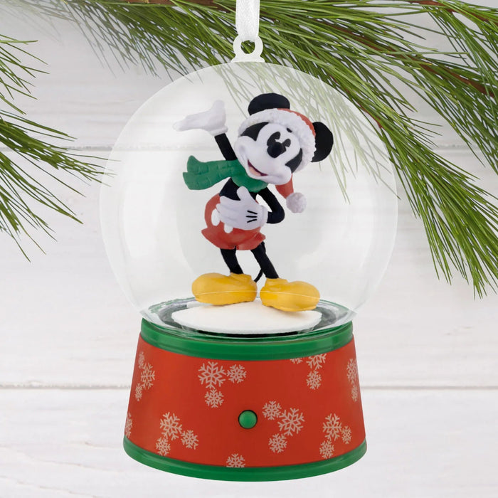 Hallmark Disney Mickey Mouse musical snow globe Christmas ornament with Mickey in a snowy scene, swirling snow, holiday music, motion, and tree hanger.