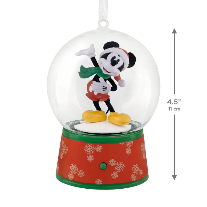 Hallmark Disney Mickey Mouse musical snow globe Christmas ornament with Mickey in a snowy scene, swirling snow, holiday music, motion, and tree hanger.