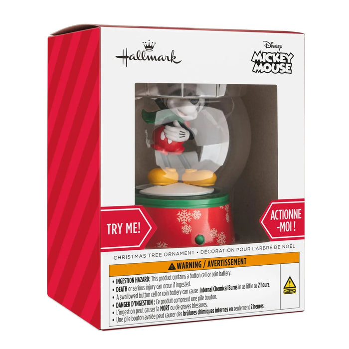 Hallmark Disney Mickey Mouse musical snow globe Christmas ornament with Mickey in a snowy scene, swirling snow, holiday music, motion, and tree hanger.
