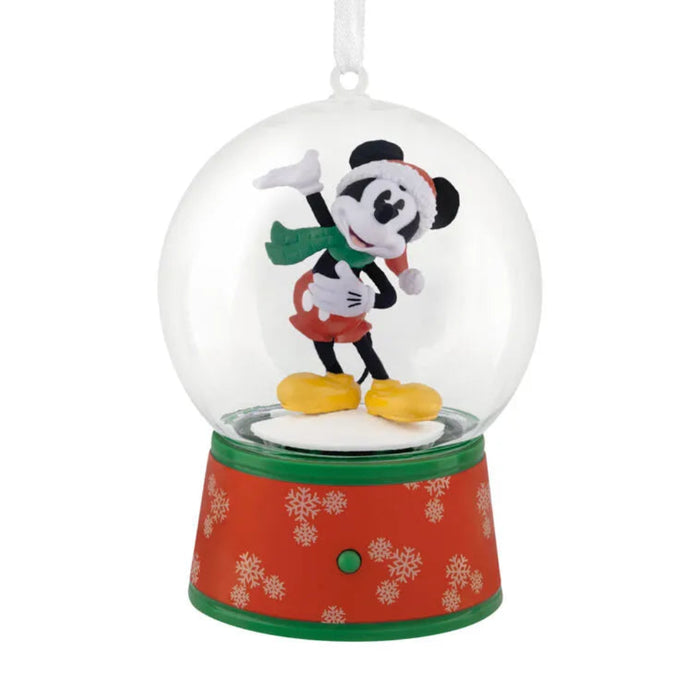 Hallmark Disney Mickey Mouse musical snow globe Christmas ornament with Mickey in a snowy scene, swirling snow, holiday music, motion, and tree hanger.