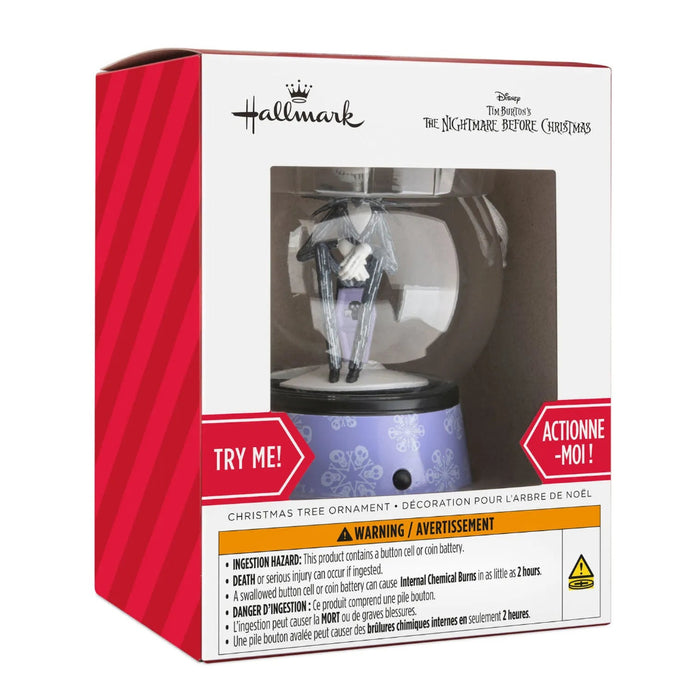 Hallmark Disney Tim Burton’s The Nightmare Before Christmas Jack Skellington musical snow globe Christmas ornament with swirling snow, holiday music, motion, and hanger attachment.