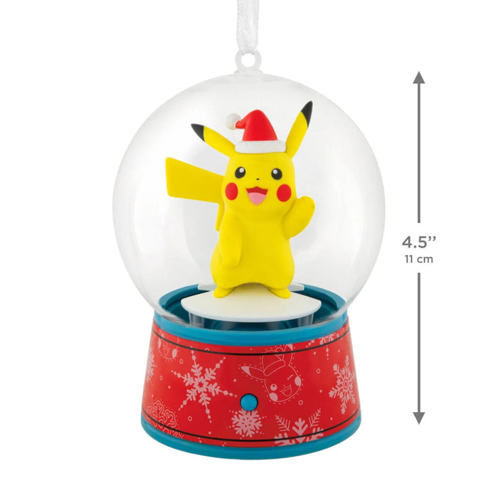Hallmark Pokémon Pikachu musical snow globe Christmas ornament with swirling snow, holiday music, hanger attachment, and interactive motion.